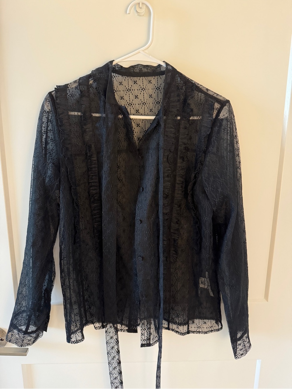 Black Sheer Lace Tie-Neck Blouse